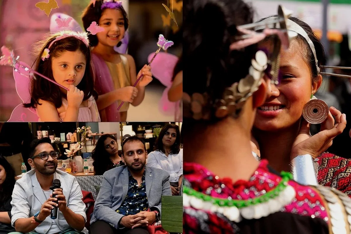 A collage of four photos showing children and adults at a celebration. The top left features two young girls with fairy costumes and wings, holding wands. The top right shows a woman smiling while wearing traditional attire and jewelry, face-to-face with another woman. The bottom left depicts a man speaking into a microphone, seated among others in an indoor setting.
