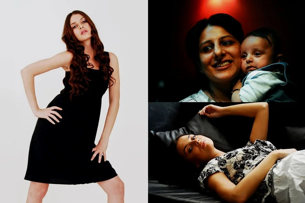 A collage of three women: one standing and posing in a black dress against a white background, another smiling and holding a baby in a dimly lit room, and the third lying on a bed with her arm behind her head, wearing a patterned top.