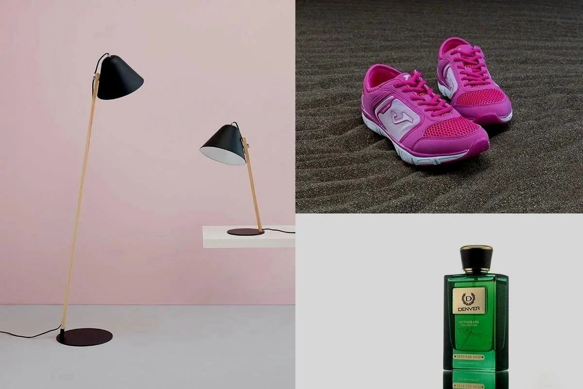 A room with two modern floor lamps with black shades and wooden stands, a pair of pink and white athletic shoes on a dark brown carpet, and a green bottle of Denver cologne on a white surface.