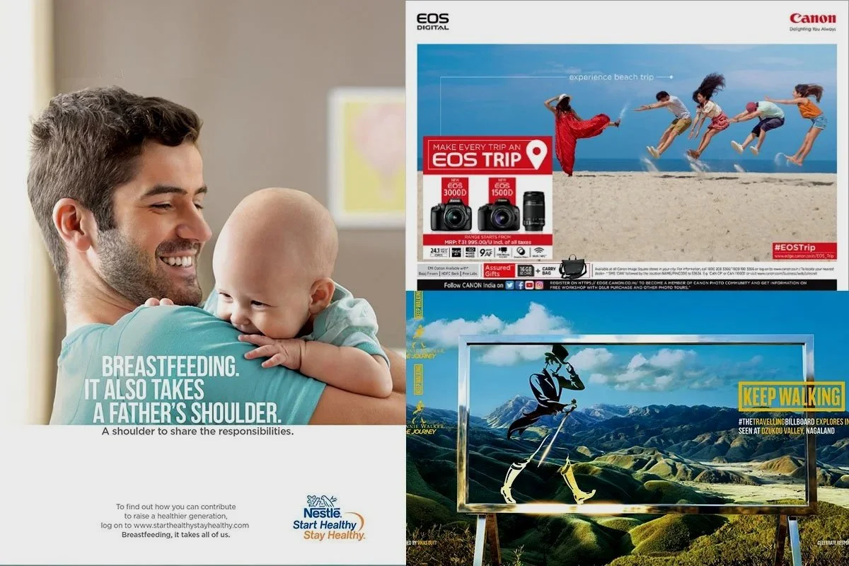 A man holding a smiling baby on his shoulder in a home setting, with a caption that reads, "Breastfeeding. It also takes a father's shoulder," encouraging shared responsibilities in parenting. Additionally, there are two posters: one advertising Canon cameras on a beach trip and another showing a scenic landscape with a sign that says "Keep Walking" and a stylized mountain range in the background.