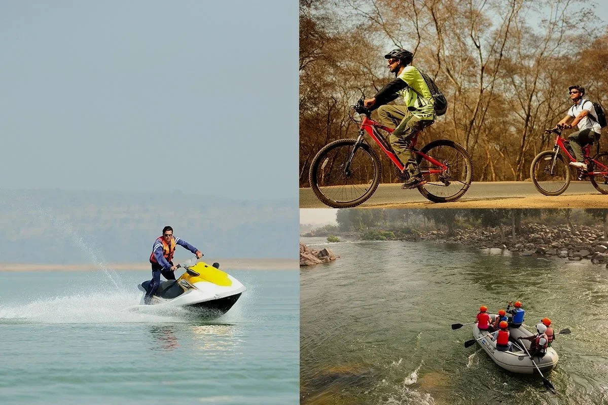 A collage of three outdoor activities: a person riding a jet ski on water, two people riding bicycles on a road, and a group of people white water rafting on a river.