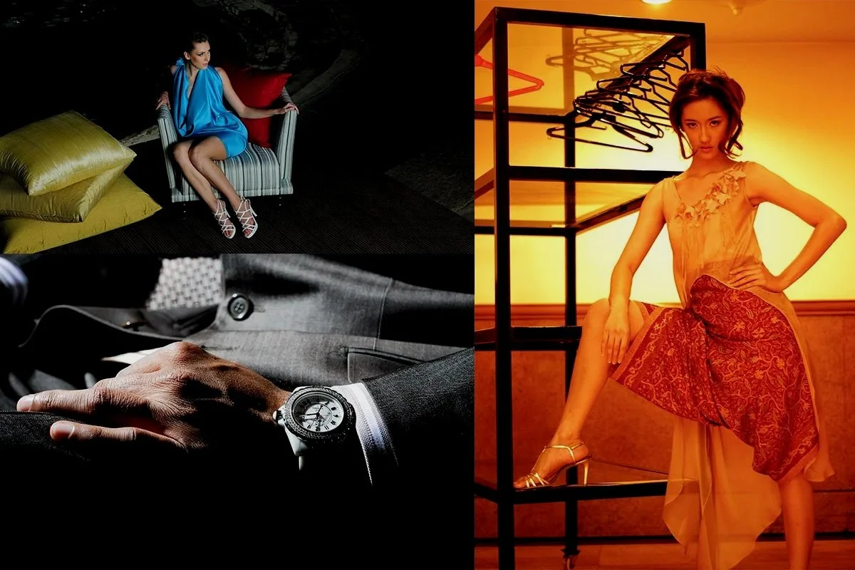 Collage of three fashion and luxury images: a woman sitting on a striped chair with pillows at night, a close-up of a hand in a suit with a watch, and a woman posing in an elegant dress with a clothing rack in a warm-toned room.