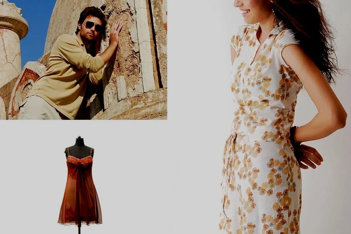 A collage featuring a man leaning on an ancient stone structure, a woman in a floral dress, and a brown dress on a mannequin.