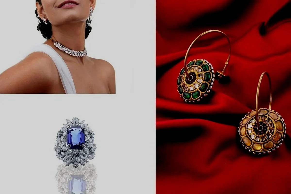 A collage of three images: the top left shows a woman wearing a white dress with jewelry including earrings and a choker necklace; the top right shows a pair of gold earrings with green and white stones on red fabric; the bottom left shows a silver ring with a large blue rectangular gemstone surrounded by smaller clear stones.