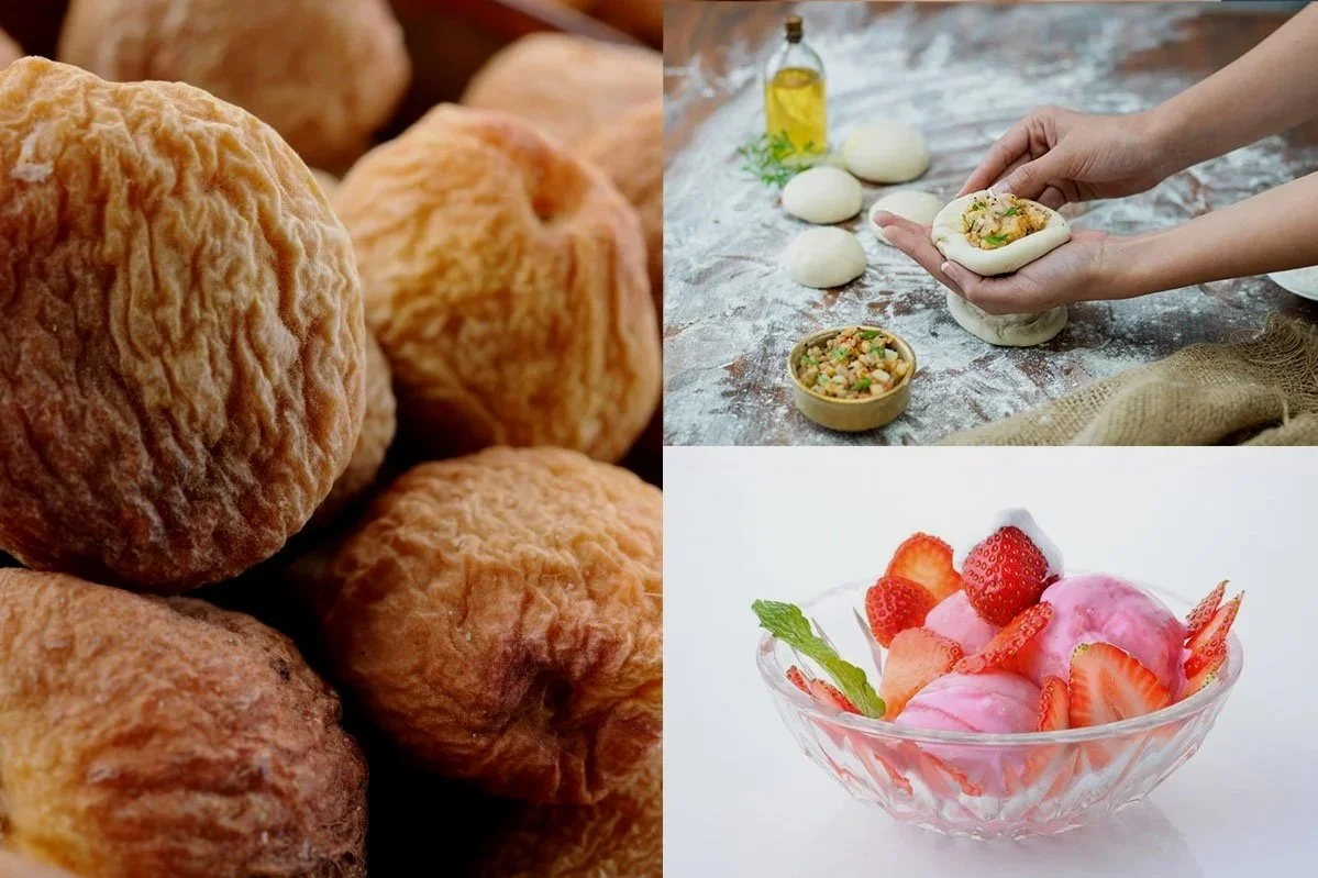 Close-up of baked bread rolls, person making steamed buns with filling, and bowl of strawberry ice cream with strawberries and mint leaves.