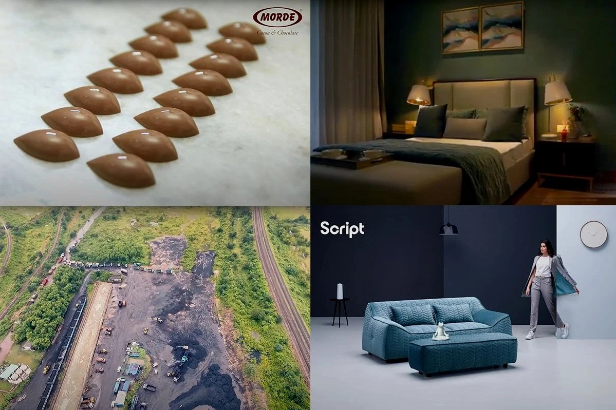 A collage of four images: top left shows chocolate drops with a 'Morde' brand label; top right shows a cozy bedroom with a bed and bedside lamps; bottom left shows an aerial view of a train derailment with damaged tracks and debris; bottom right shows a woman in business attire standing in a minimalist living room with a blue sofa and a clock on the wall.