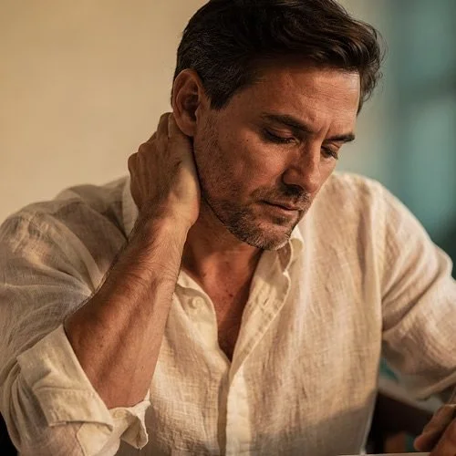 A man with short dark hair and stubble, wearing a beige shirt, holds his neck with one hand and looks downward with a serious or contemplative expression.