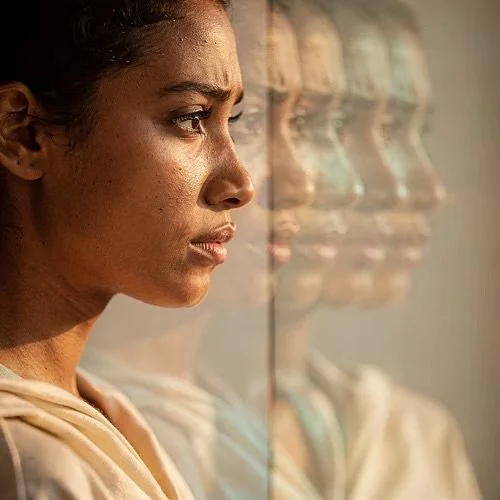 A woman looks thoughtfully at her reflection in a glass surface, creating a layered effect.