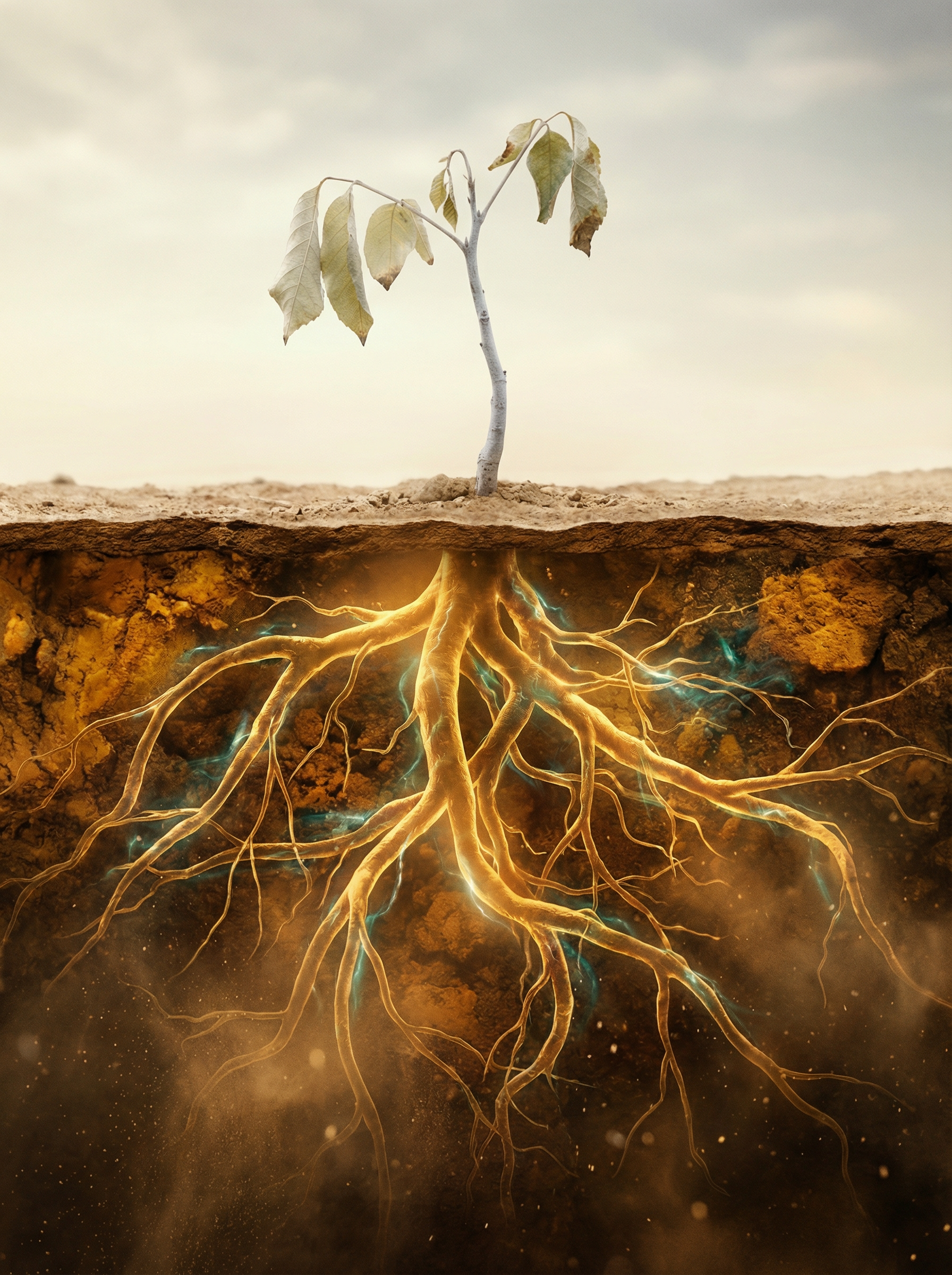 A young tree with withered leaves growing from the soil, with an illustration of its underground root system glowing and extending deep into the soil.