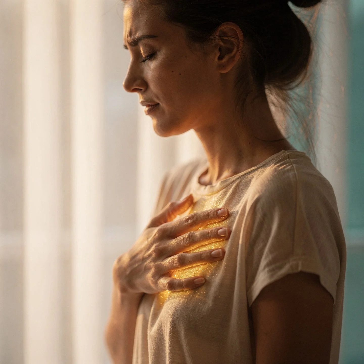 A woman with closed eyes places her hand on her chest near her heart, with a warm golden light glowing from within her, suggesting a feeling of warmth or emotion.