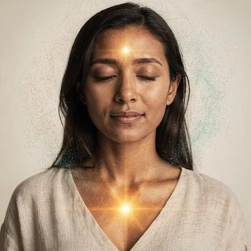 A woman with closed eyes, meditating or in a peaceful state, with a glowing light above her forehead and at her chest, suggesting spiritual energy or meditation.