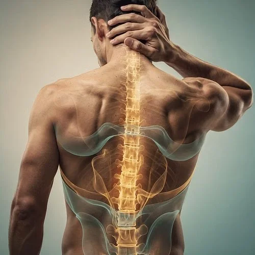 Back view of a man with a superimposed transparent overlay of a glowing spine and pelvis