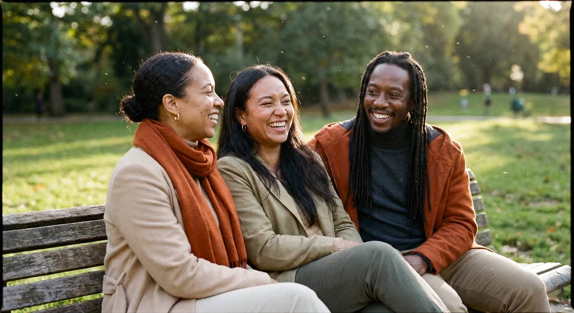 Three people sitting on a park bench, smiling and laughing together, with trees and sunlight in the background.