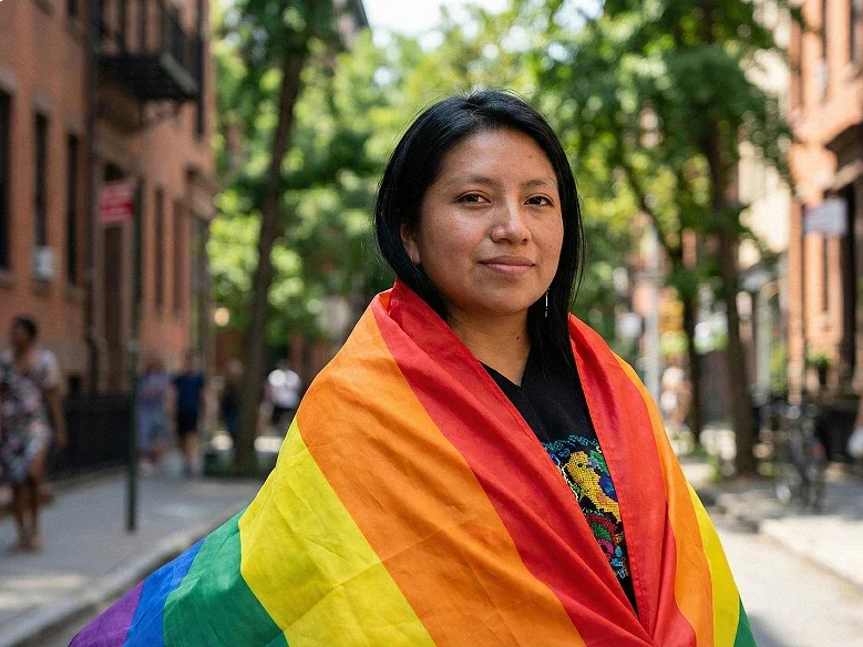 Woman standing outdoors wrapped in a rainbow pride flag.