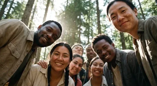 Group of diverse friends smiling and taking a selfie outdoors in a forest.