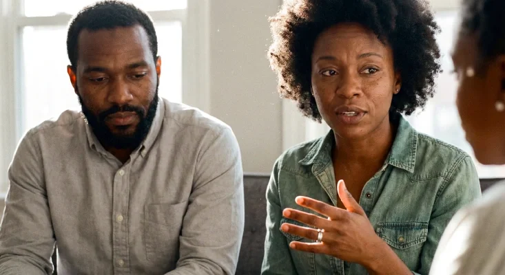 Three people having a serious conversation in a well-lit room, with two women and one man.