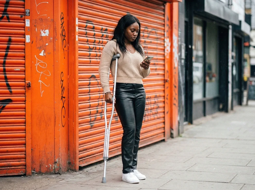 A woman with a crutch standing on a sidewalk, looking at her phone, in front of orange graffiti-covered shutters.