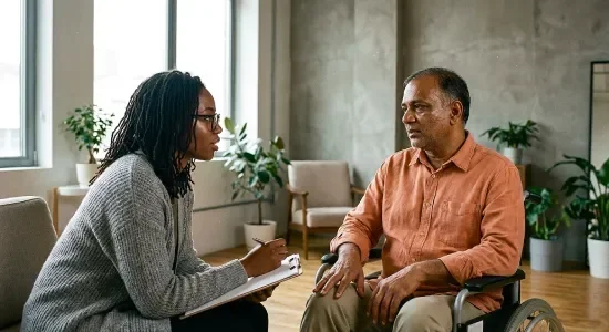 A woman in a gray sweater taking notes interviews a man in a wheelchair in a well-lit room with plants.