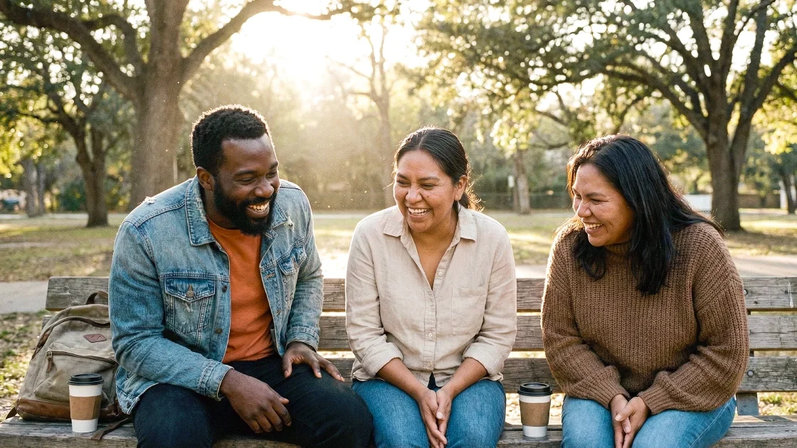Three people sitting on a park bench smiling and laughing together, with coffee cups on the bench beside them, in a park with trees in the background.