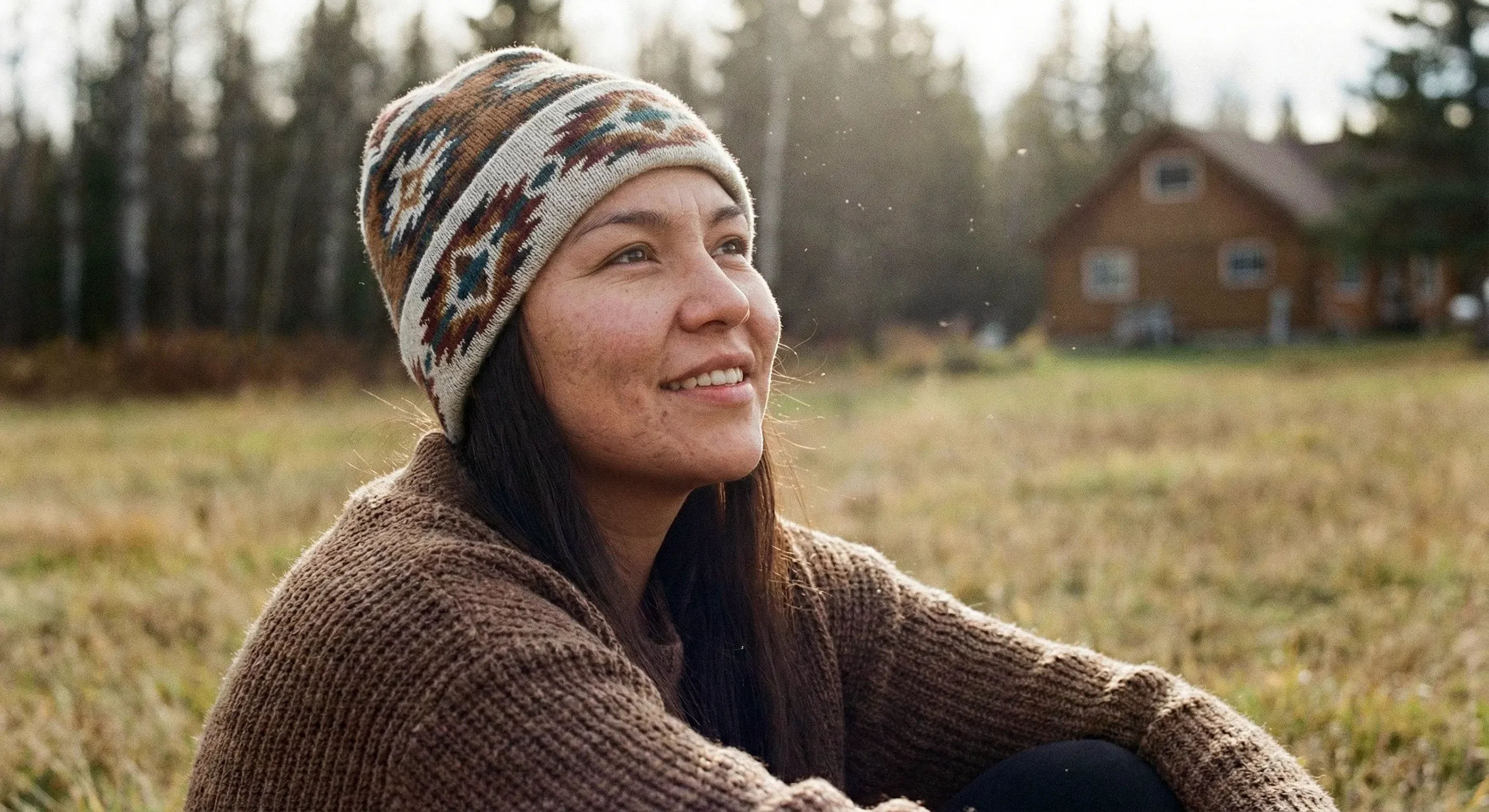 A woman with long dark hair, wearing a patterned winter hat and a brown sweater, sitting outdoors in a grassy field, smiling and looking off into the distance with a house and trees in the background.