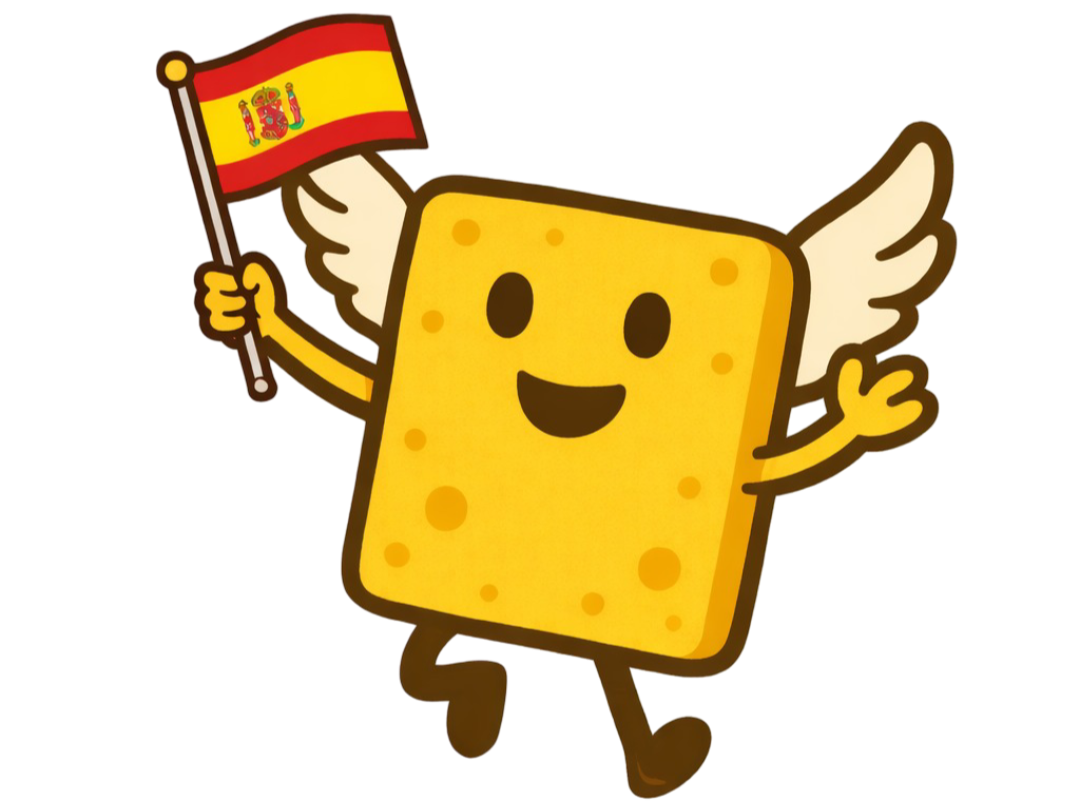 A cartoon sponge character with wings, smiling and waving, holding a Spanish flag.