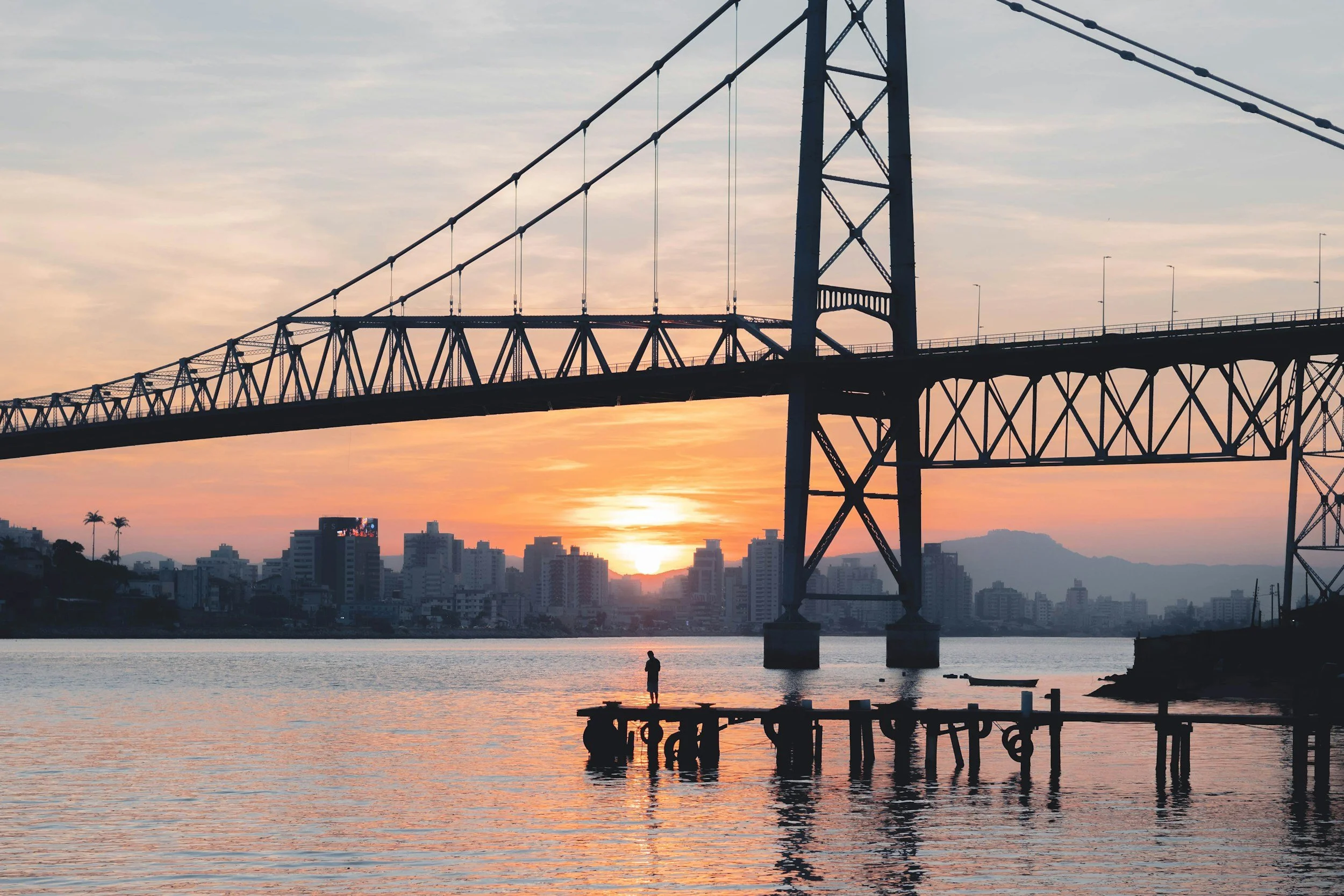 Sunset over a city skyline with a large suspension bridge in the foreground, and a person standing on a small wooden pier in the water.