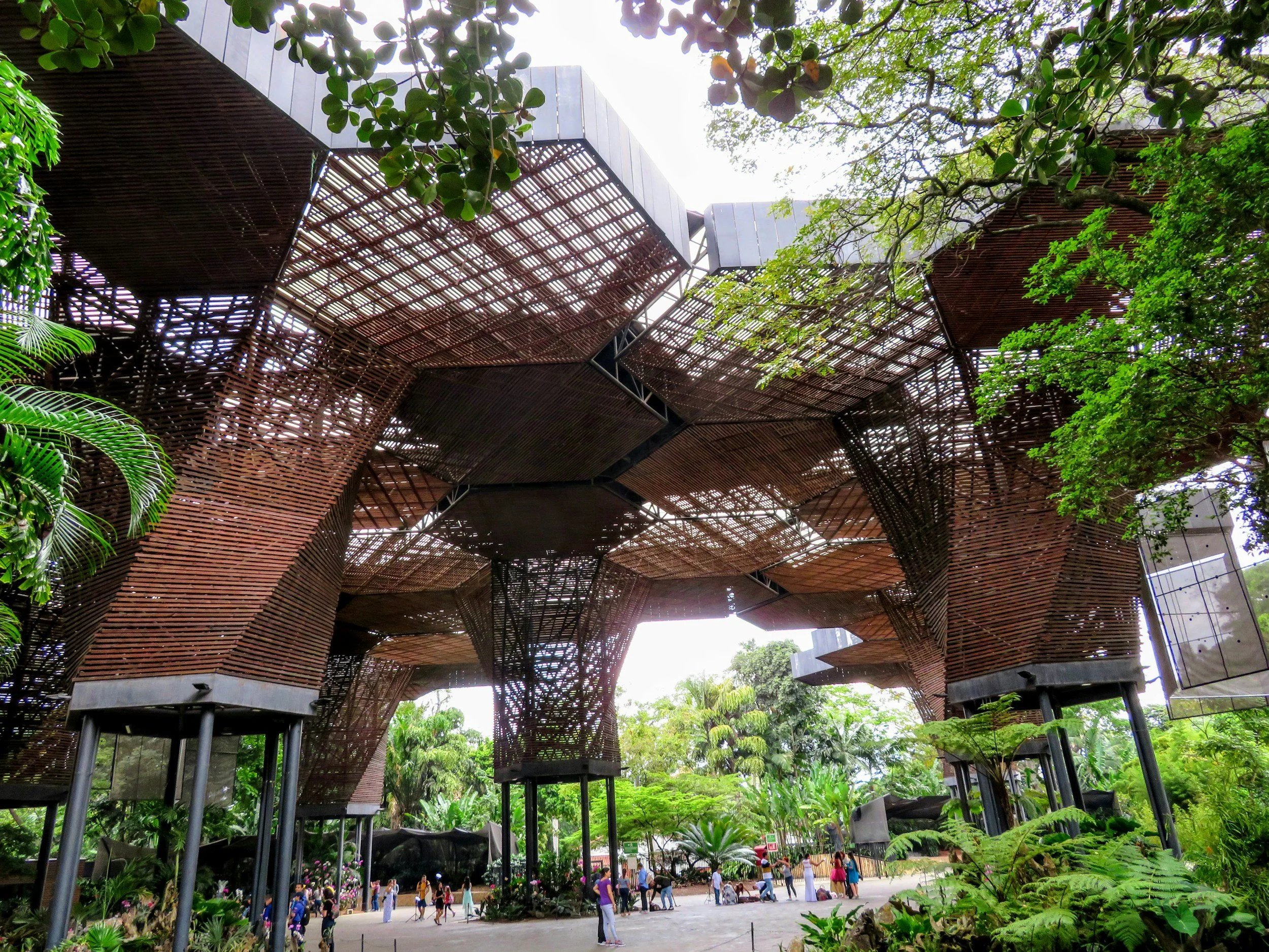 People walking beneath a modern architectural structure with wooden lattice panels and large supporting columns, surrounded by lush greenery and trees.