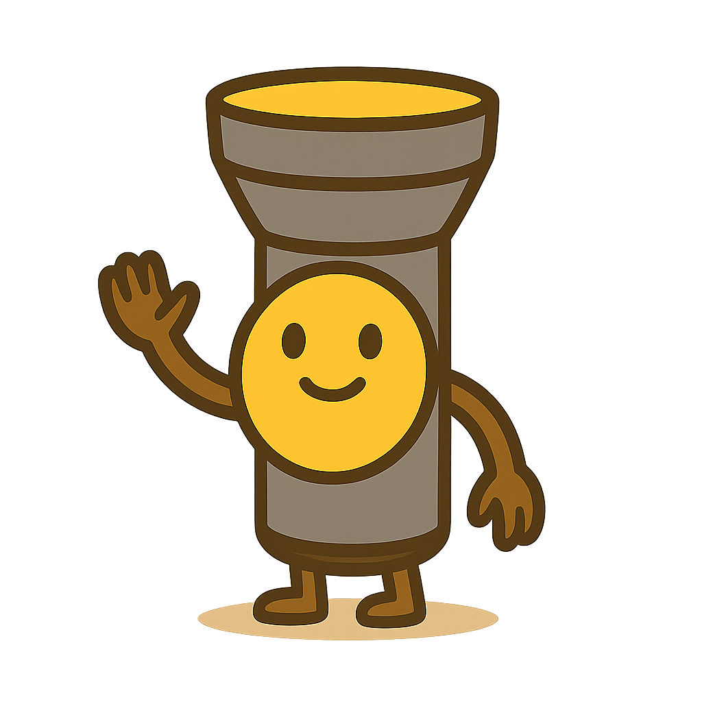 Cartoon flashlight with a smiling yellow face on the body, waving, standing on a wooden surface.