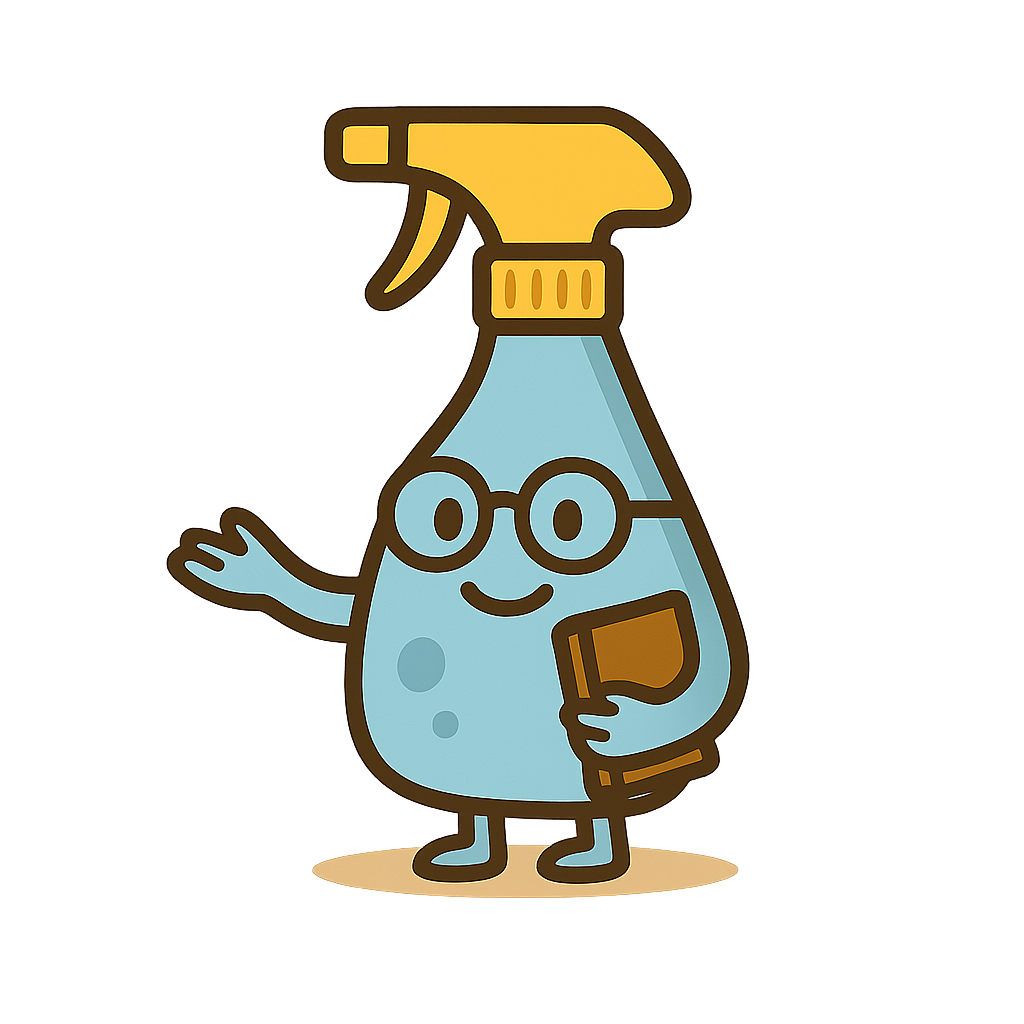 A cartoon illustration of a cheerful spray bottle character wearing glasses, holding a cleaning brush, with a smiling face and waving.