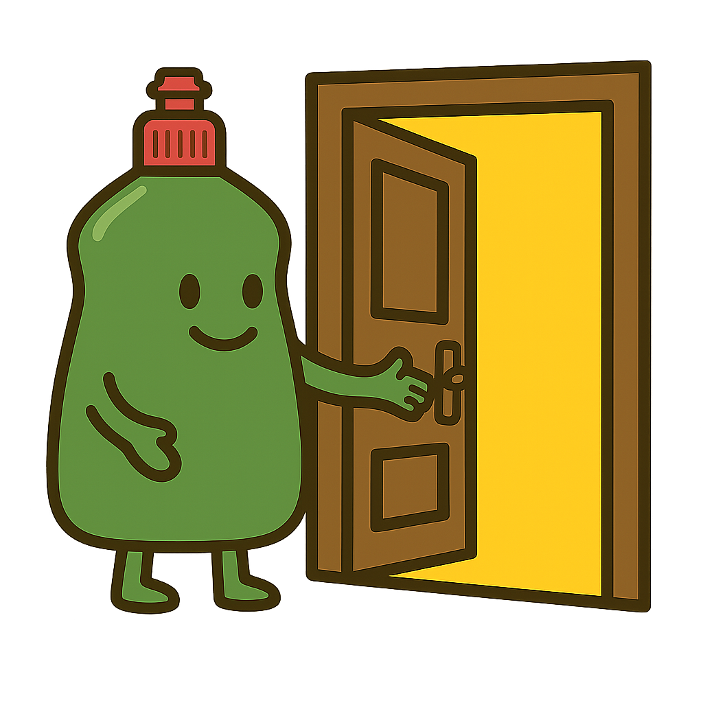 A cartoon illustration of a green washing up liquid bottle with a smiling face, arms, and legs, opening a door with a yellow glow emanating from inside.