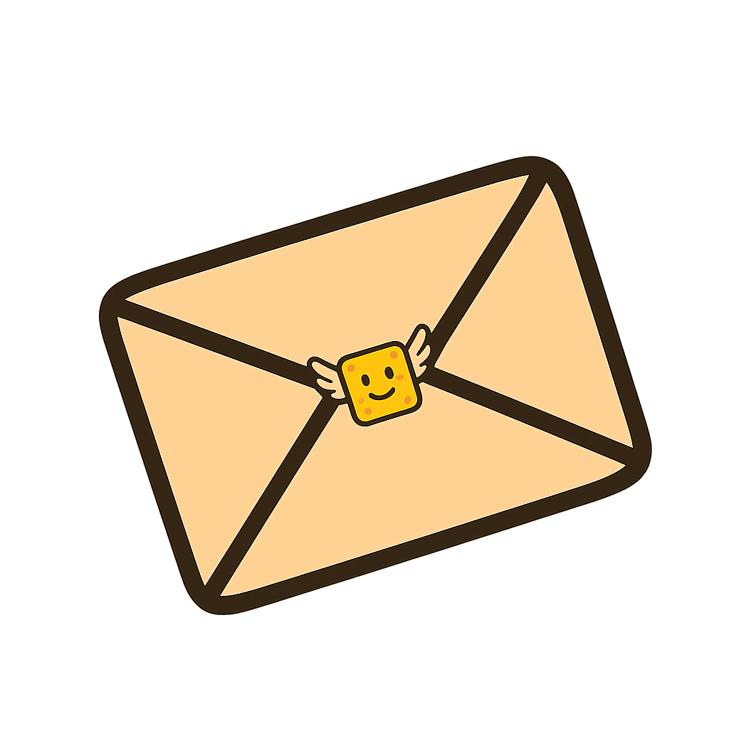Cartoon envelope with a smiling flying sponge face and small wings, resembling a friendly letter.