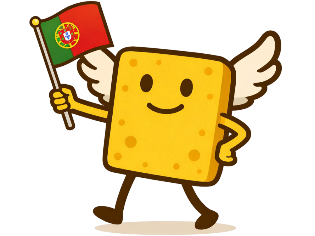 cartoon bread character with wings and a smiling face, holding a Portuguese flag