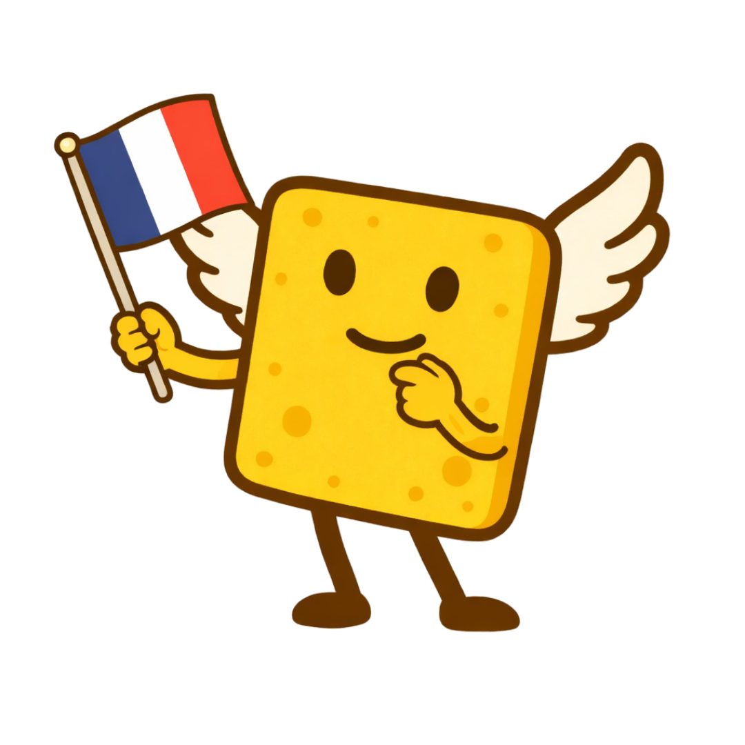 A cartoon boursin cheese character with wings, holding a French flag, smiling, and standing on two legs.