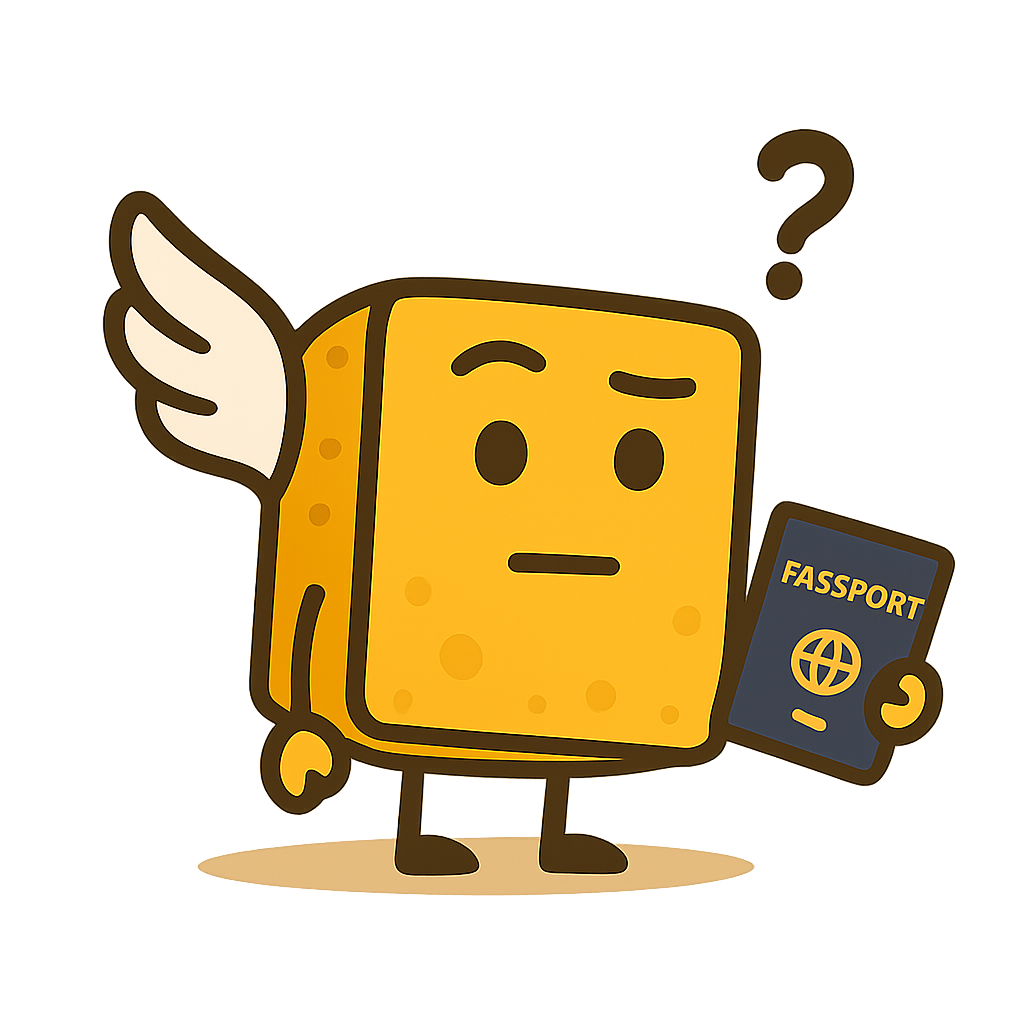 A cartoon sponge with a confused expression, white wings on the sides, holding a passport in one hand.
