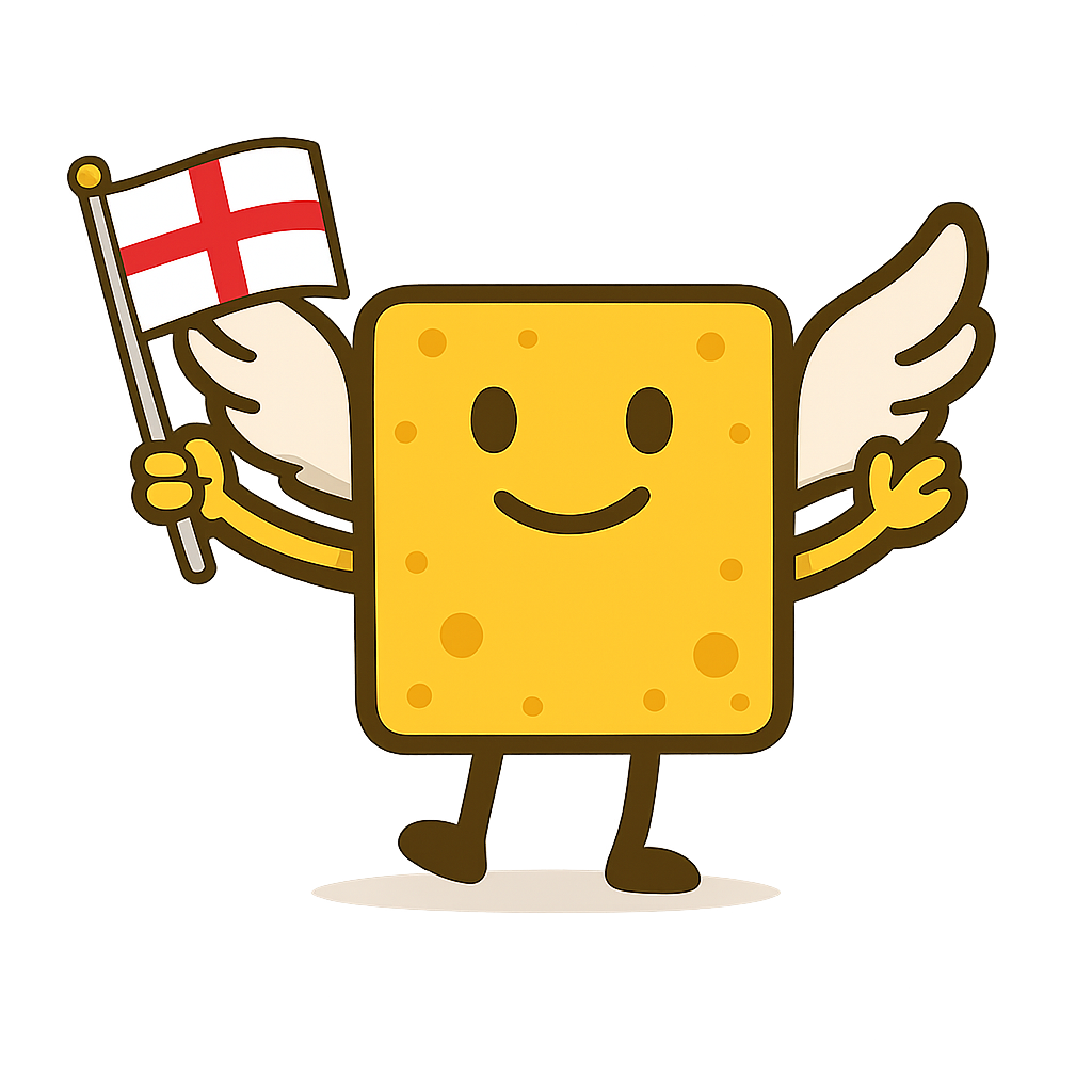 Cartoon of a happy, anthropomorphic cheese character with wings, holding an England flag, waving with one hand, standing on a brown surface.