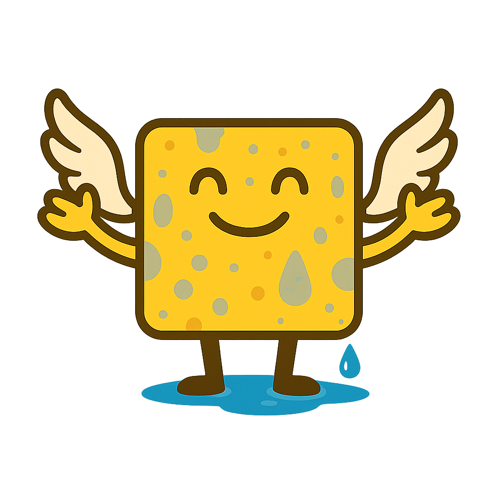 Cartoon sponge with wings, smiling, standing in a small puddle, with arms open wide.