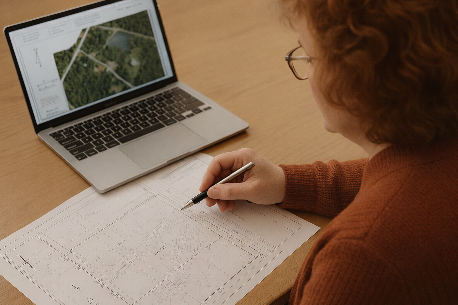 A woman with curly hair and glasses is reviewing landscape plans and a topographical map with contour lines, using a pen. There is a laptop on the table displaying an aerial view or map of a green area with water bodies.