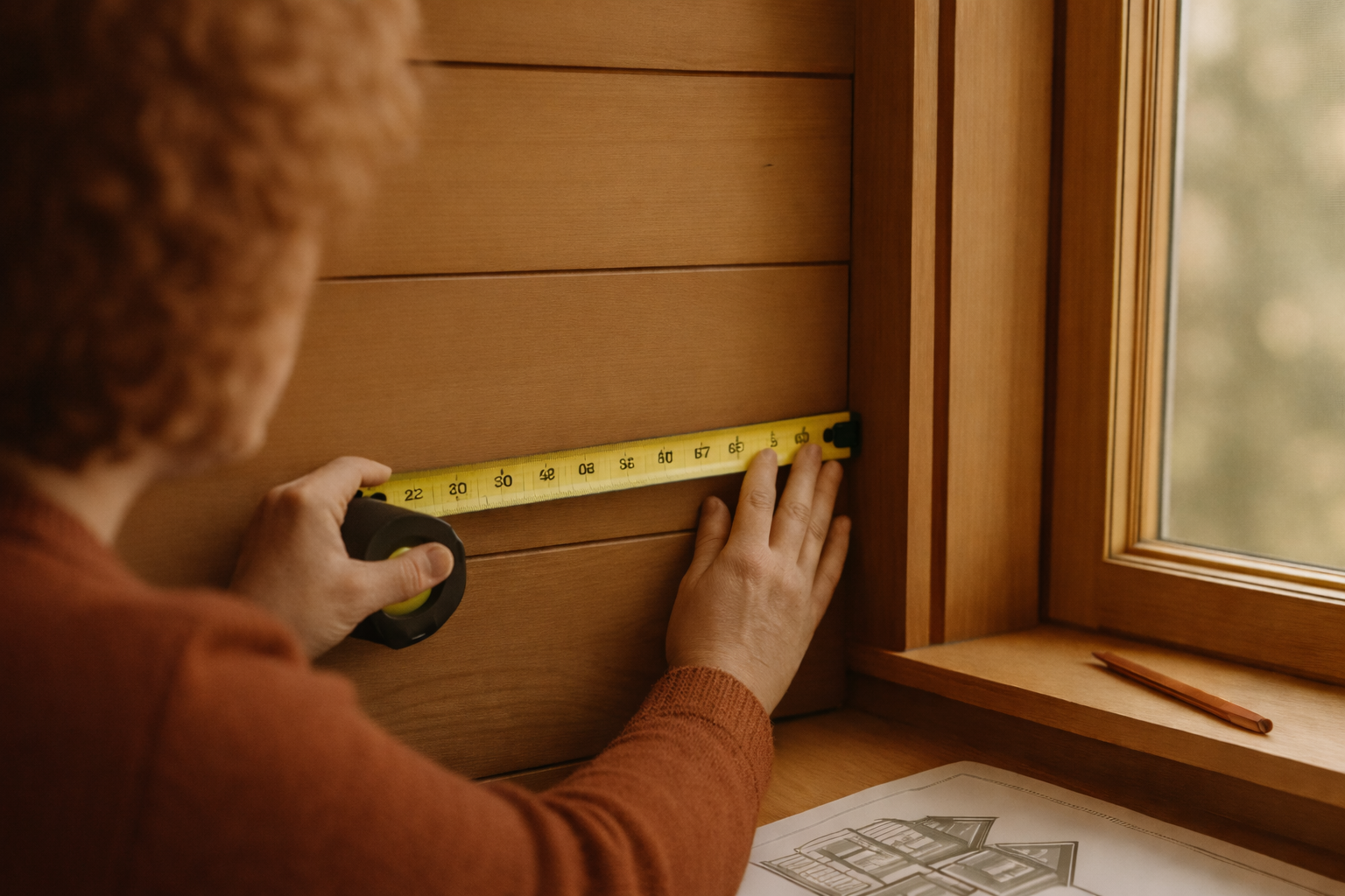 Person measuring wooden wall with a yellow tape measure near a window.