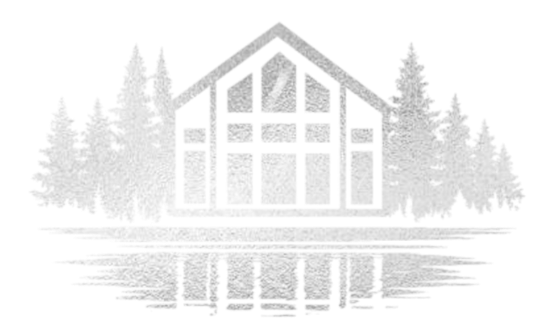 A black and white photo of a modern house with large glass windows and a triangular roof, surrounded by trees and reflected in a body of water.