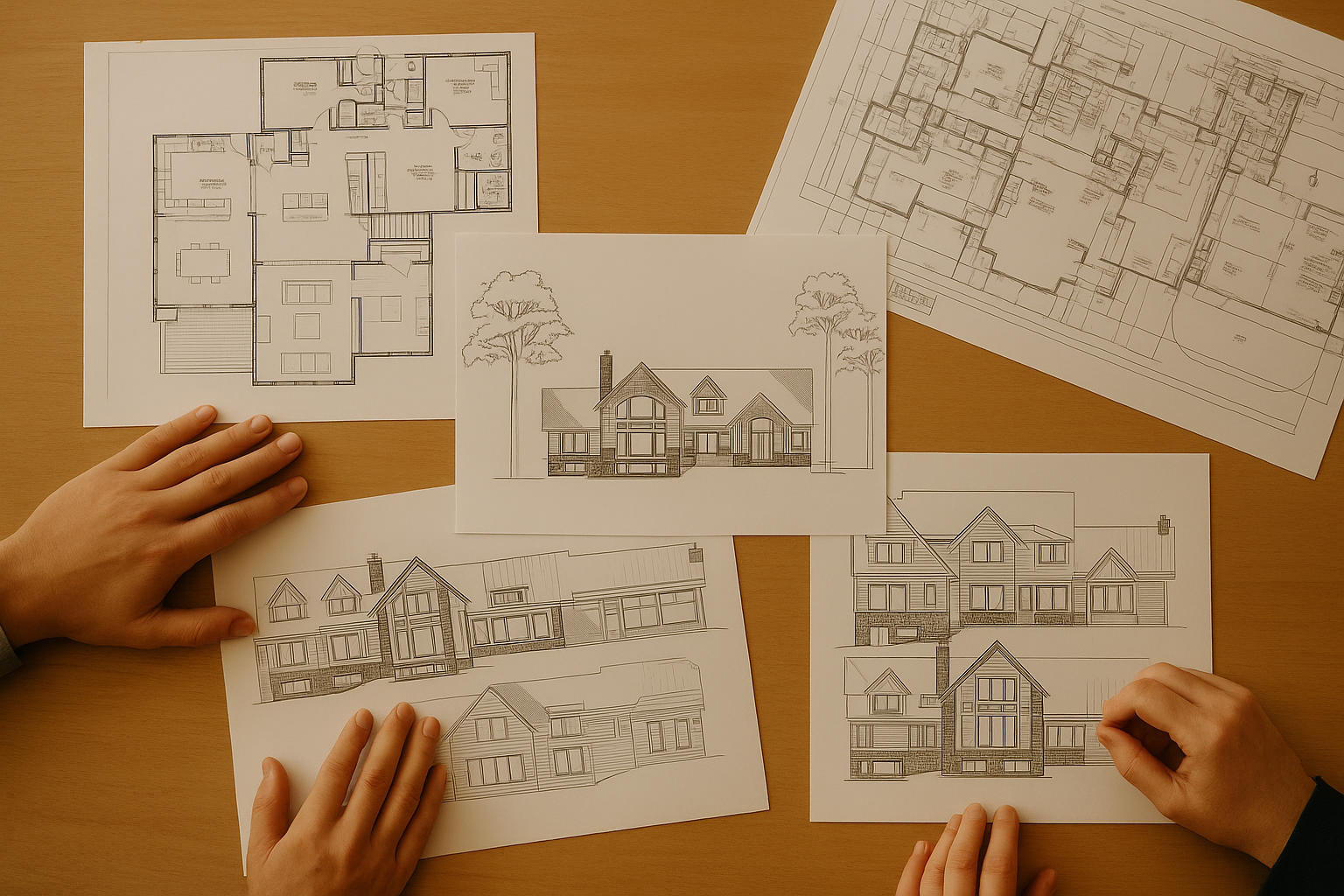 Architectural blueprints and drawings of a house on a wooden table, with two hands examining the plans.
