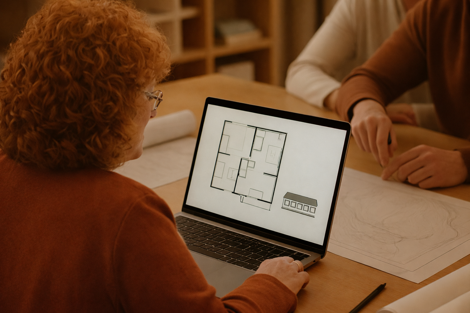 A woman with curly red hair and glasses working on a laptop showing a floor plan, with two people sitting at a wooden table.