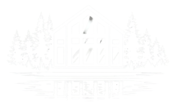 A white house with a peaked roof, surrounded by trees, reflected in a body of water.