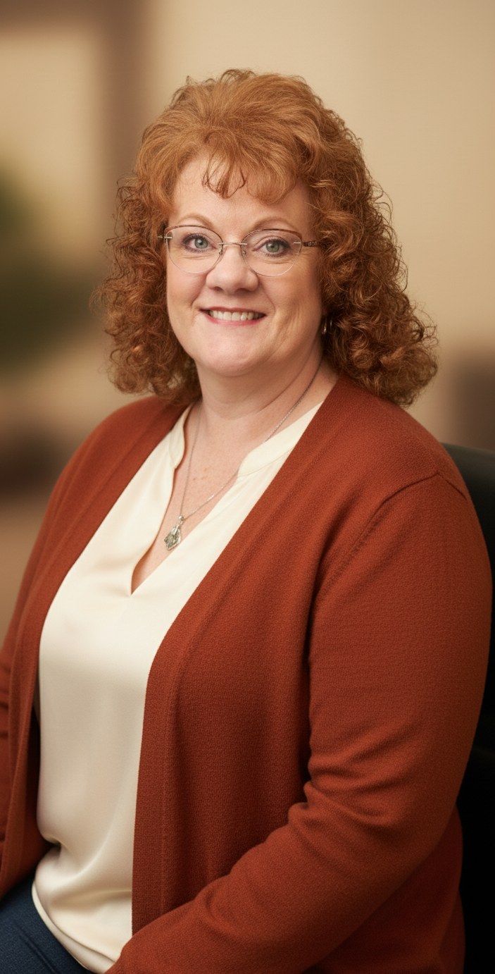 A woman with curly red hair wearing glasses, a cream blouse, and a rust-colored cardigan, smiling at the camera.