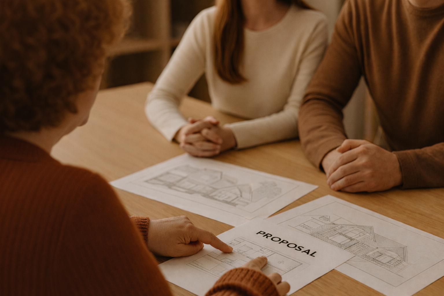 Three people sitting at a table with architectural blueprints and a proposal document, discussing a house design.