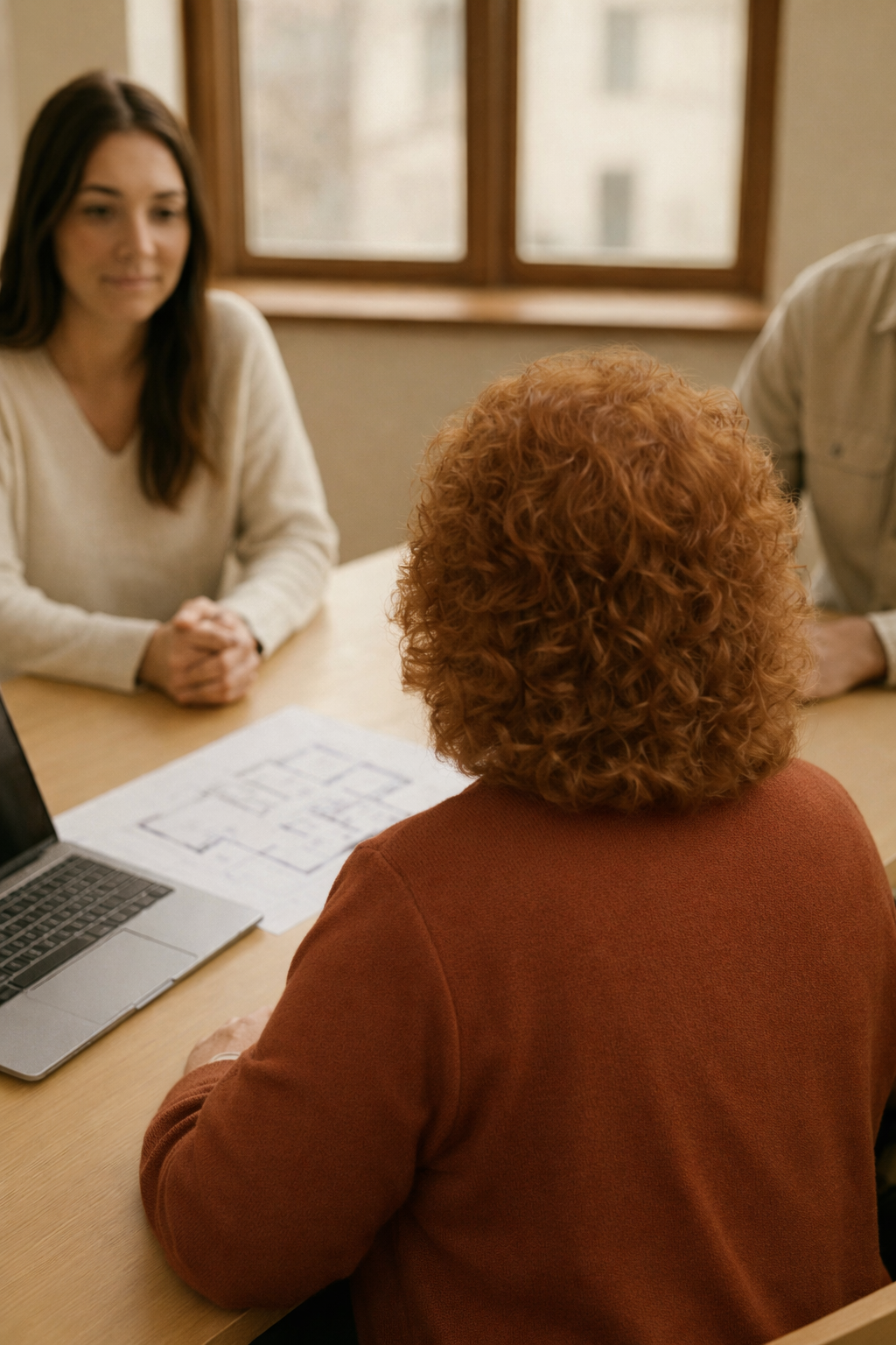 Three women are sitting at a wooden table during an interview or meeting. One woman with red, curly hair is seen from behind, facing two women on the opposite side of the table. There are papers and a laptop on the table, and a window in the background.