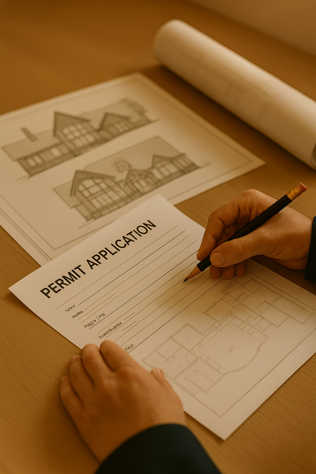 Someone is filling out a permit application form at a desk, with architectural plans and drawings of a house on the table.