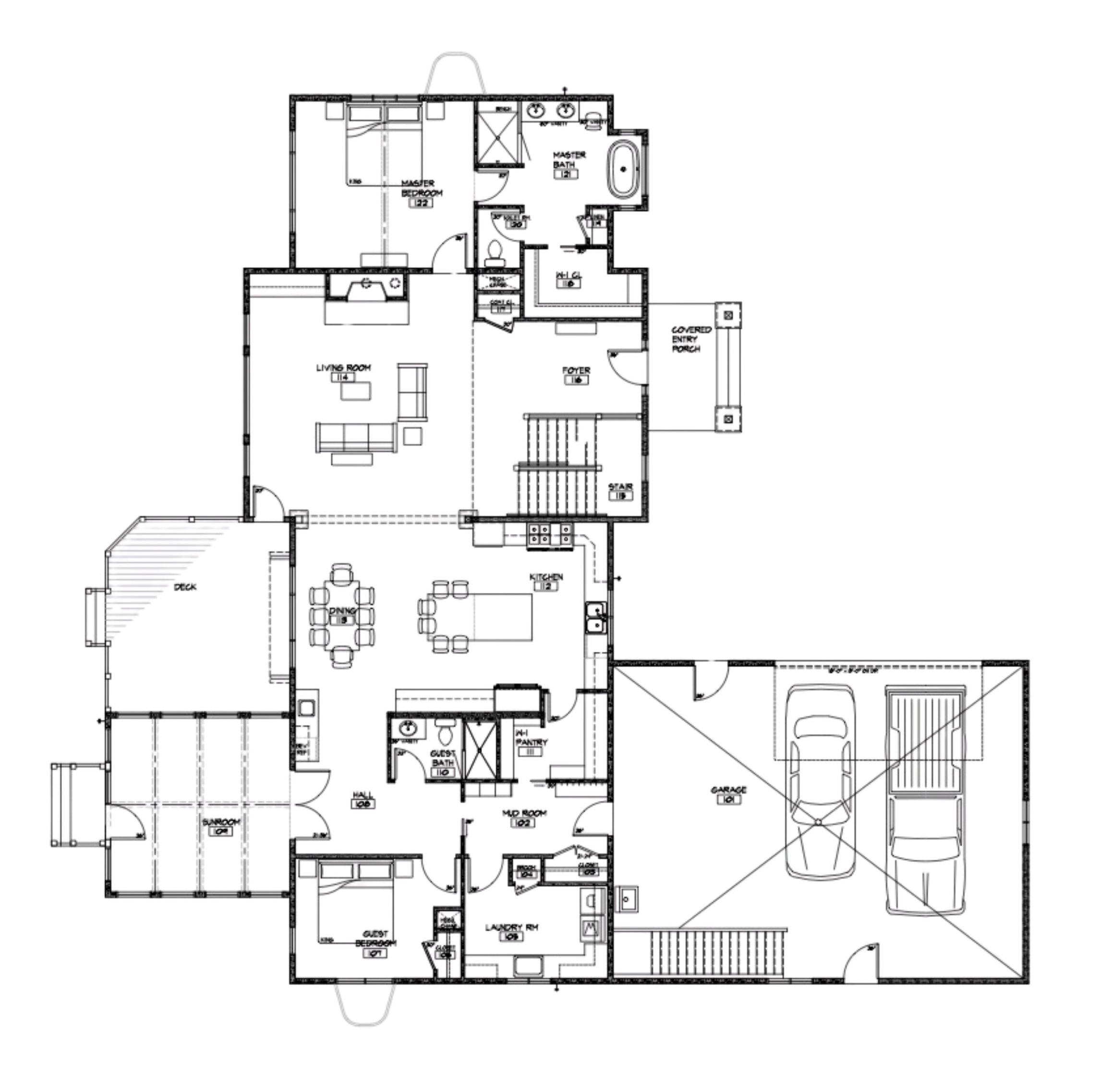Floor plan of a house showing various rooms, including bedrooms, bathrooms, kitchen, living room, and garage.