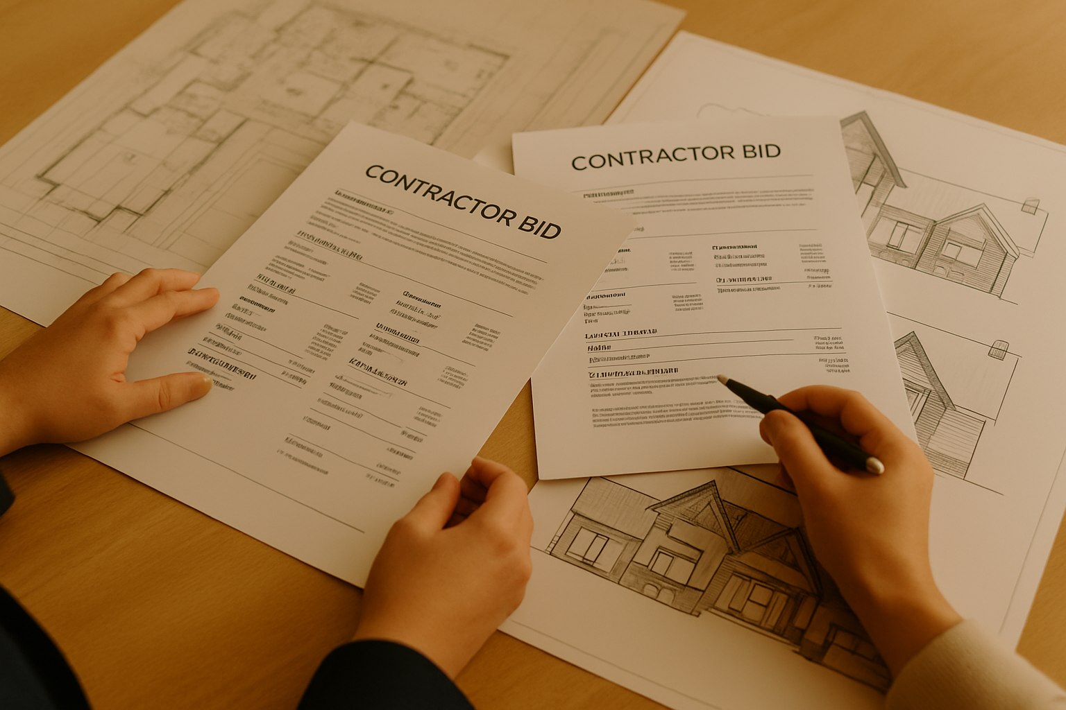 Person reviewing house construction blueprints and a contractor bid document at a wooden table.