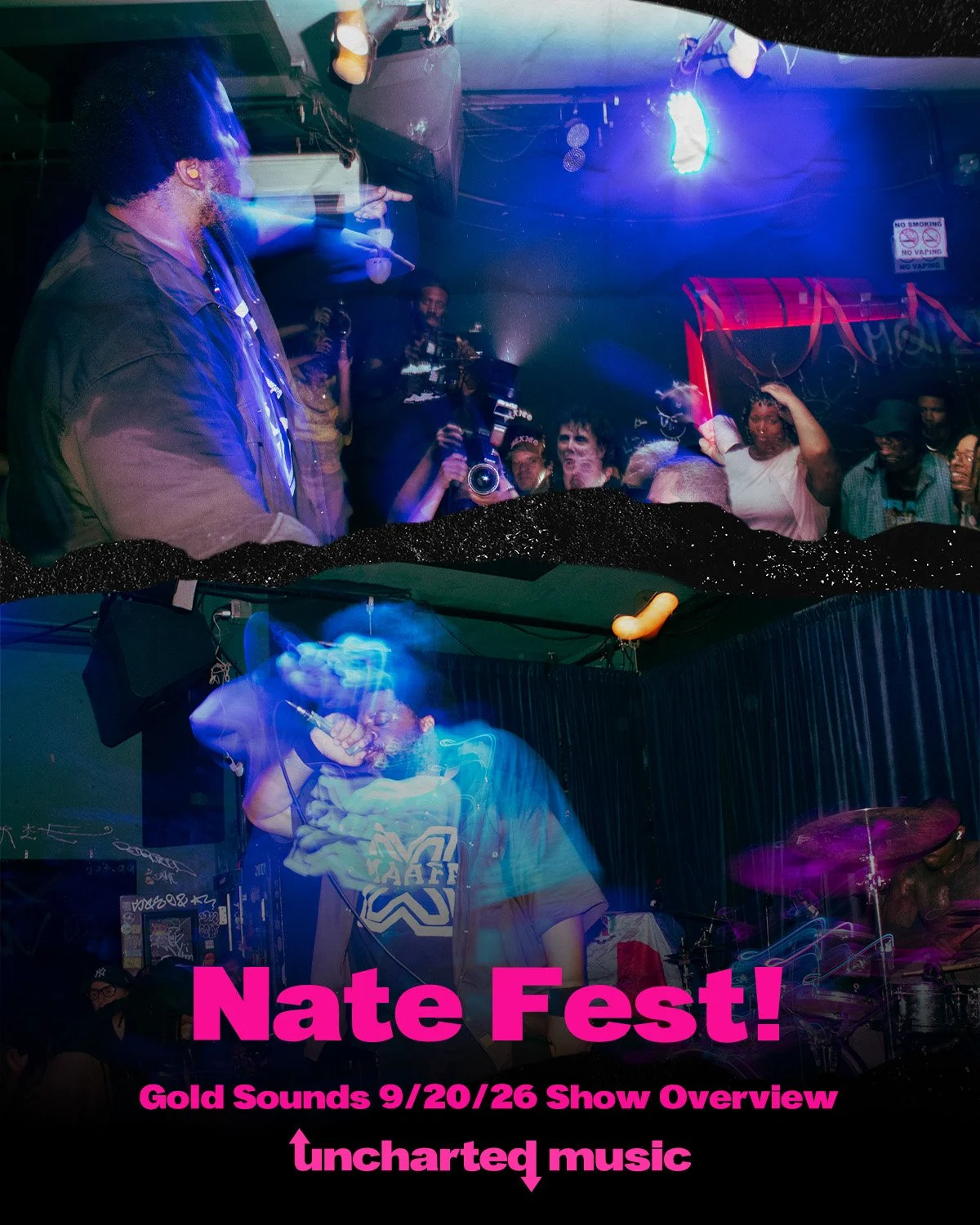 Photo taken at Nate Fest, a live music event featuring various performers on stage with audience members watching and taking photos, illuminated by colorful stage lights, with event details and promotional text overlayed in pink.
