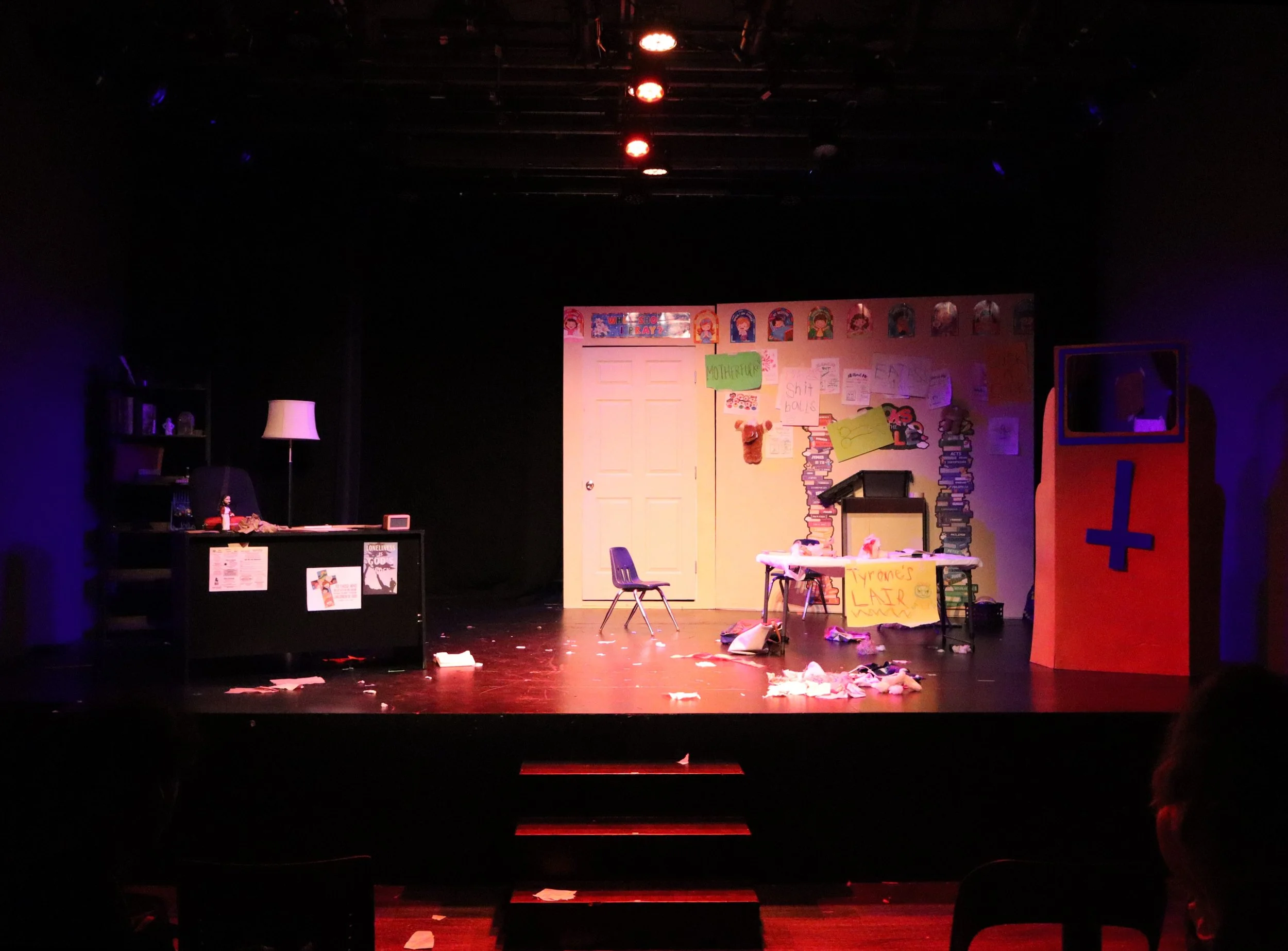 Intermission // Stage right is interior pastor's office // Stage left is interior church classroom